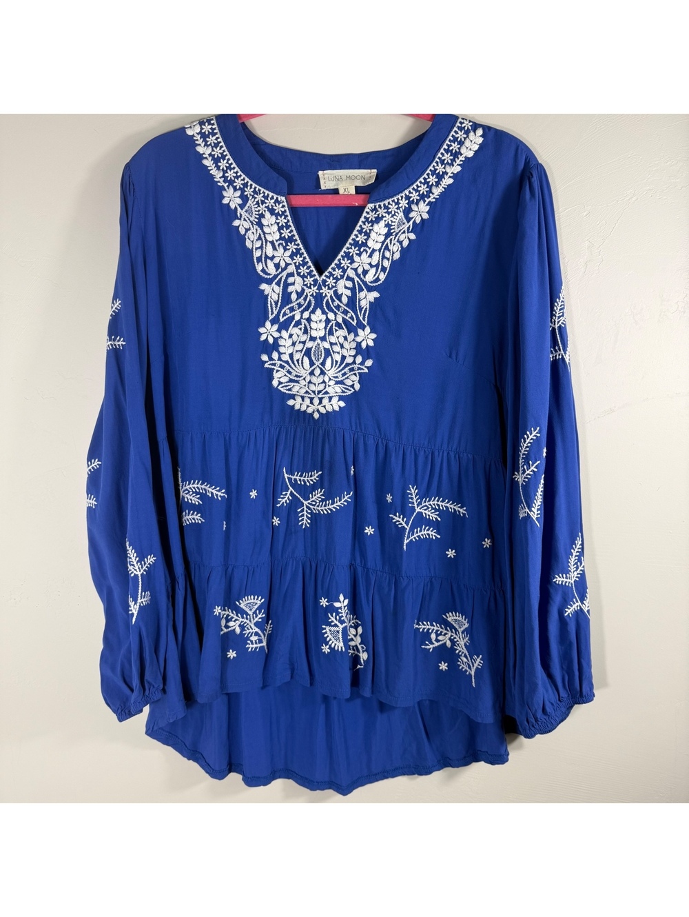 Luna Moon Blue Embroidered Boho Peasant Top | XL
